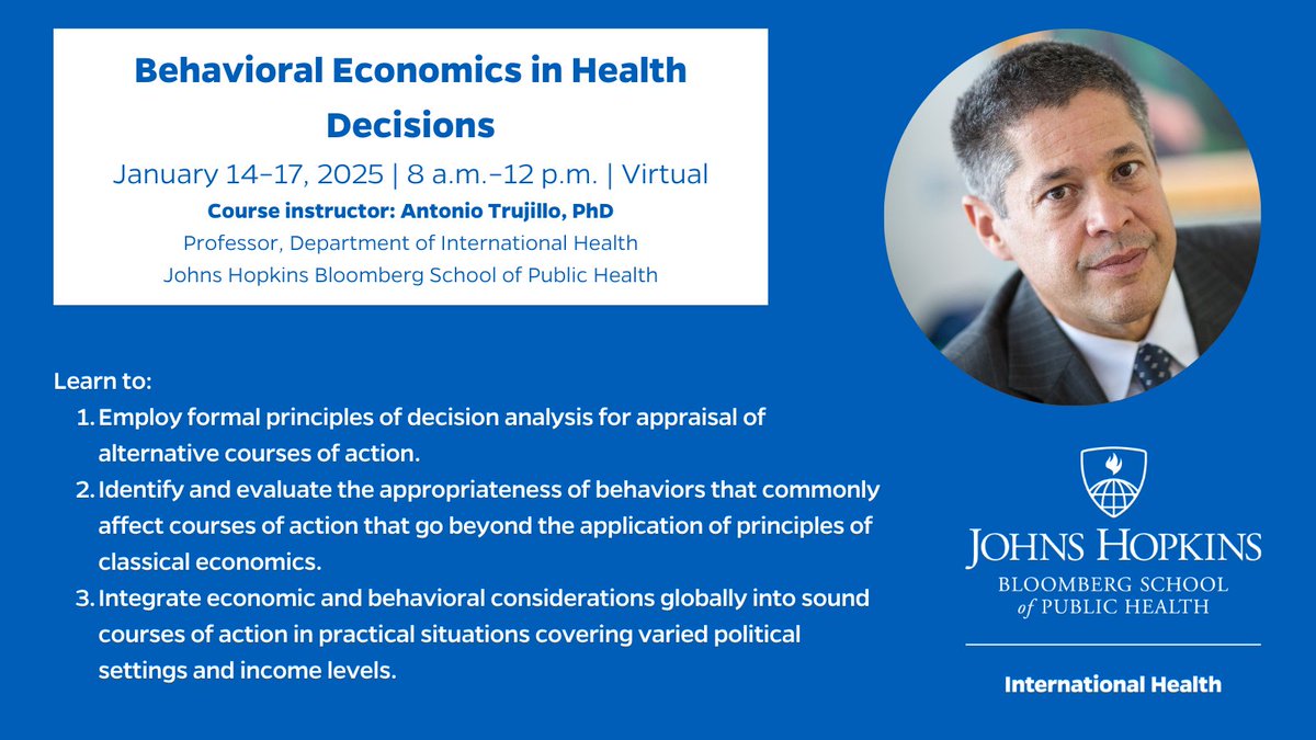We are offering a virtual, short-term behavioral economics course in January. The course is open to both non-degree and degree students and can be taken for credit, towards a degree program, or for non-credit, at a reduced cost: publichealth.jhu.edu/course/40460