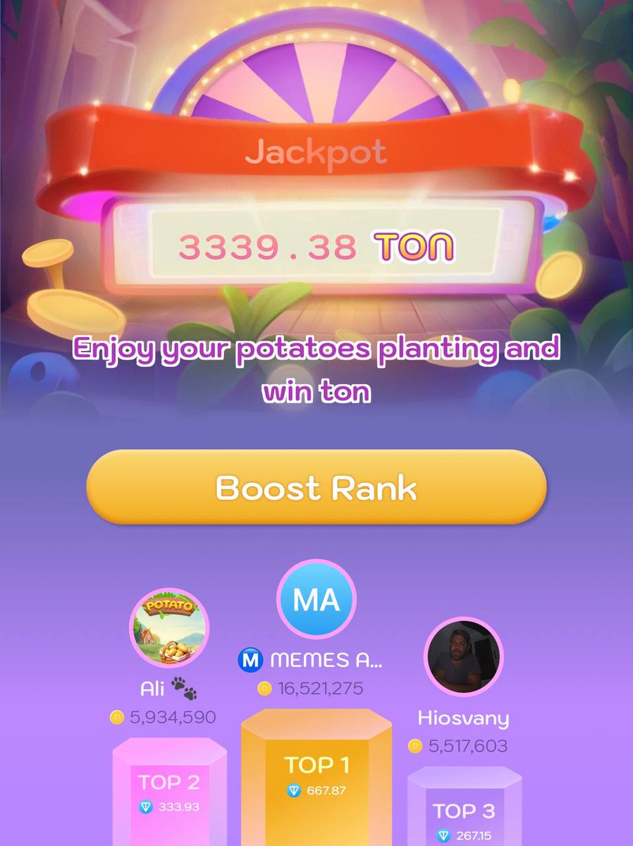 RealPotatoAI's tweet photo. $TON Jackpot Update ! 🔥

$POTATO fam, $TON game is heating up, and the Jackpot is showing who’s grinding the hardest! 🥔💎

💥 Here’s the latest top 3:

🥇MEMES: 667.87 $TON
🥈Ali: 339.93 $TON
🥉Hiosvany: 267.15 $TON

Prize pool: 3339.38 $TON

Who’s ready to be the next Jackpot legend? Let’s GO! 💥

🚨Notice: The Jackpot Prize Pool will continuously increase.Enjoy!

Play: https://t.co/KadnGuWfgR