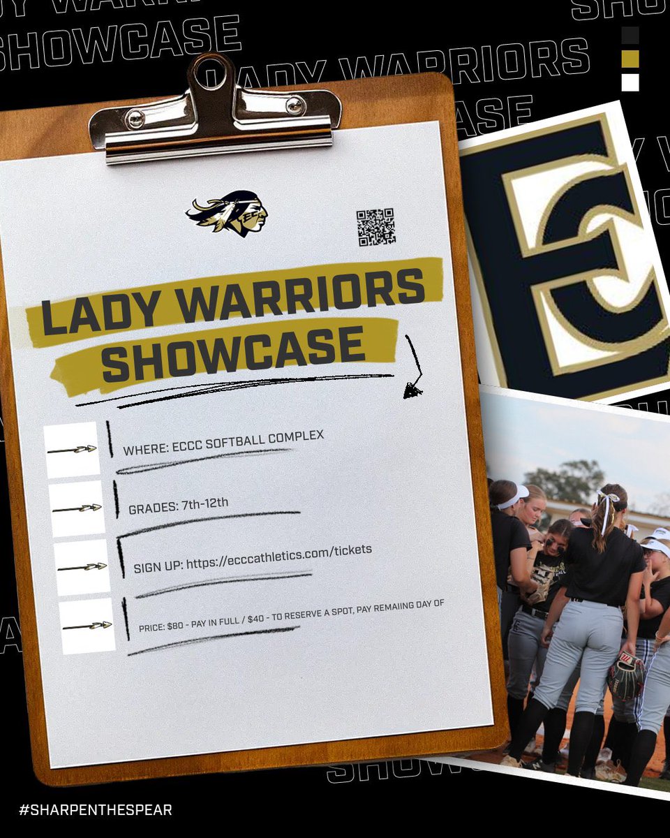 Sign up for our Lady Warriors Showcase on January 19th, 2025 !!! 

• scan the QR code or go to ecccathletics.com/tickets
WE HOPE TO SEE YOU THERE 🖤💛