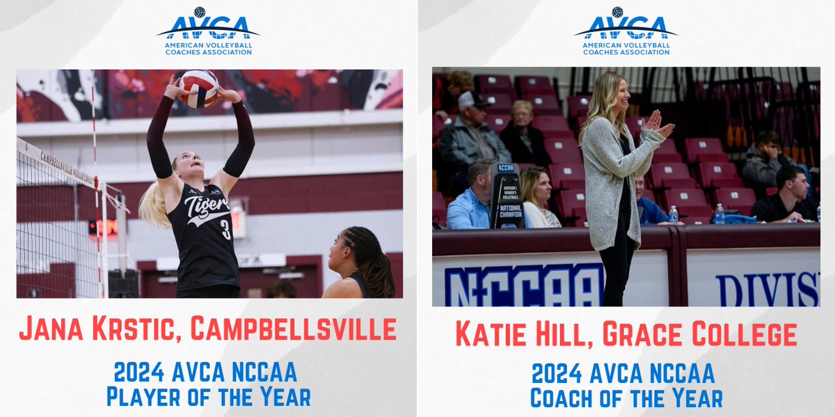 AVCAVolleyball's tweet photo. The AVCA is proud to name its 2024 award winners for @TheNCCAA volleyball. The Player of the Year is Jana Krstic of @CvilleTigersVB and the Coach of the Year is Katie Hill of @GCVB_Lancers.
Krstic bio: https://t.co/oVyOWweSfz
Hill bio: https://t.co/Kuvwrw8zMO
#WeAreAVCA #TheNCCAA https://t.co/RAN6otKuzp