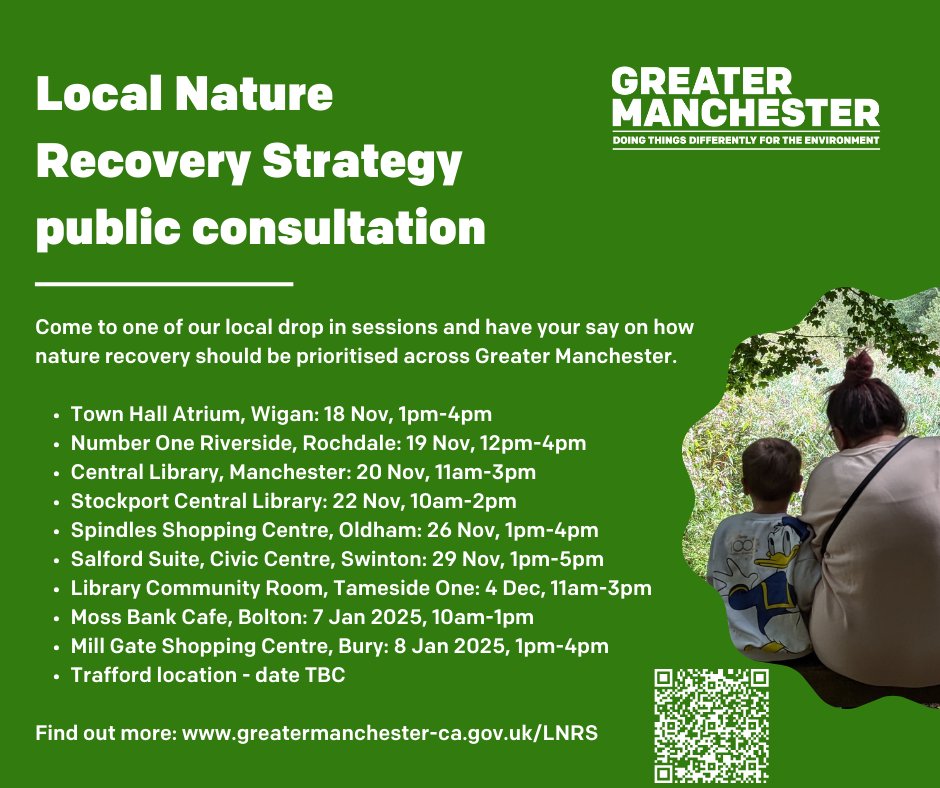BuryCouncil's tweet photo. The GMCA are running a public consultation on a draft GM Local Nature Recovery Strategy until 31 January 2025

Learn more about the plan at the local public consultations:

👉Wed 8 Jan 2025: 1pm - 4pm
👉 Mill Gate Shopping Centre, Bury

Find out more:
👉https://t.co/ZVfn2qQpYG. https://t.co/gy70AB3qd3