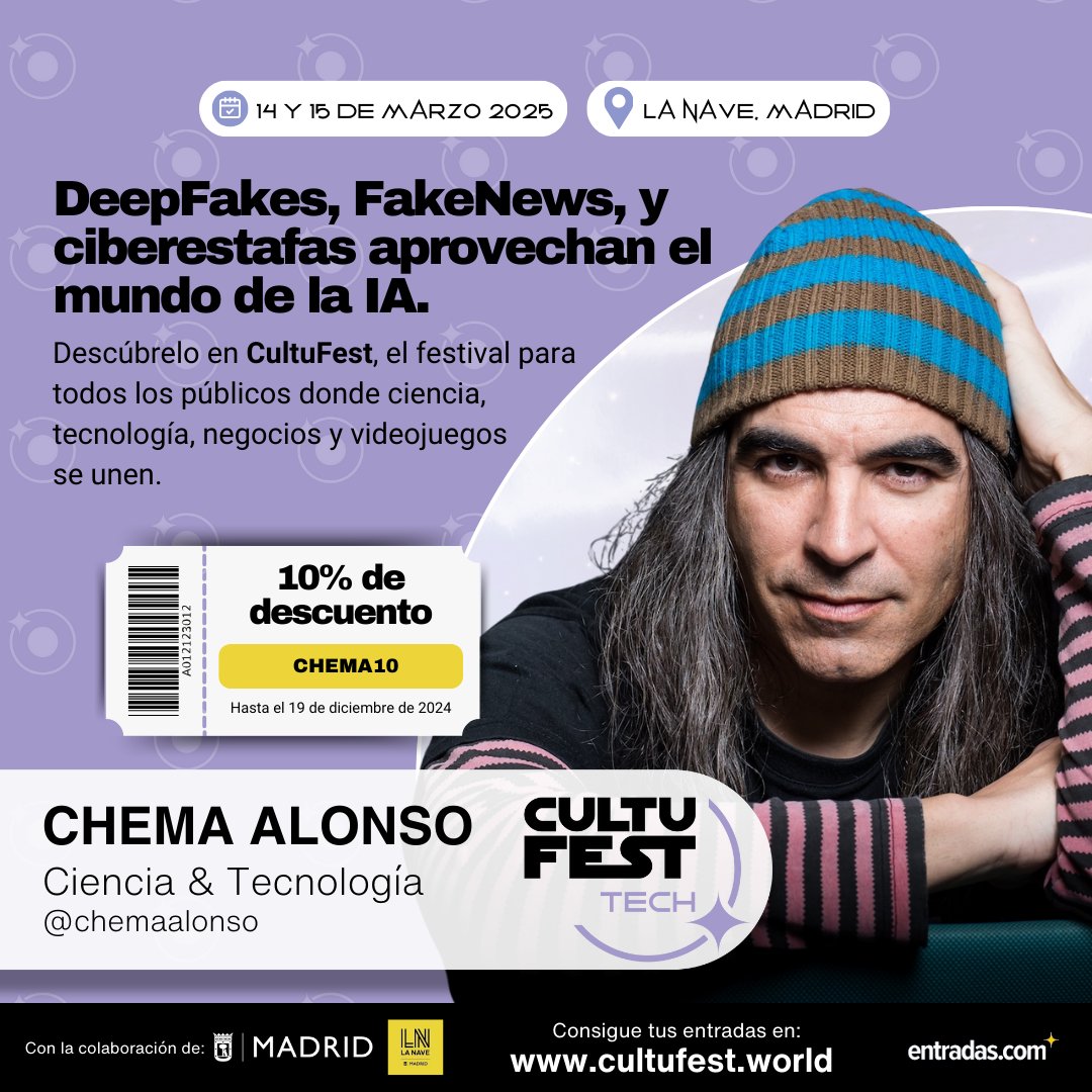 🚨¡Chema Alonso estará presente en CultuFest Madrid!🤯

<a href="/chemaalonso/">Chema Alonso</a> hablará sobre DeepFakes, FakeNews, y ciberestafas aprovechan el mundo de la IA🤖.

🎟 Entradas ya a la venta👉 cultufest.world

📥 Contacta con Chema Alonso en su Mypublicinbox: mypublicinbox.com/ChemaAlonso