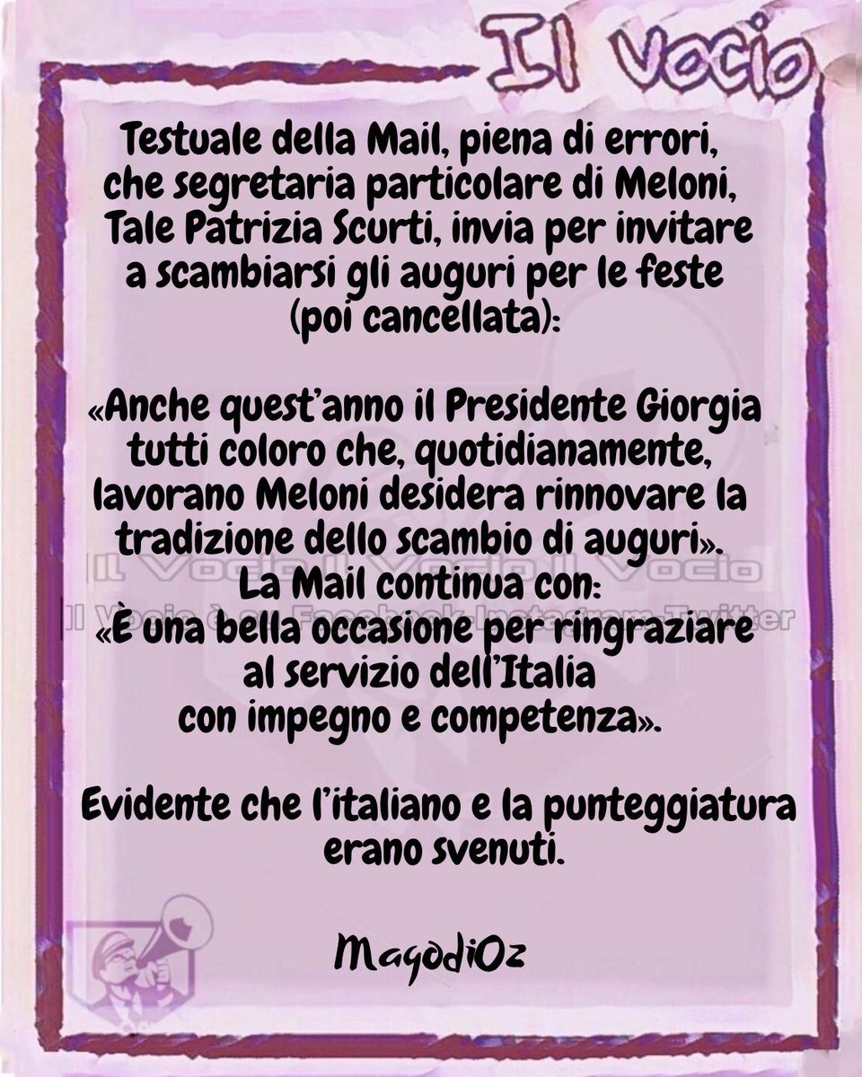 ilvocio's tweet photo. #magodioz #11dicembre #ilvocio #meloni #PatriziaScurti #segretariaparticolare #email #errori #italiano #punteggiatura #ignoranza https://t.co/ngfsa4TcuB