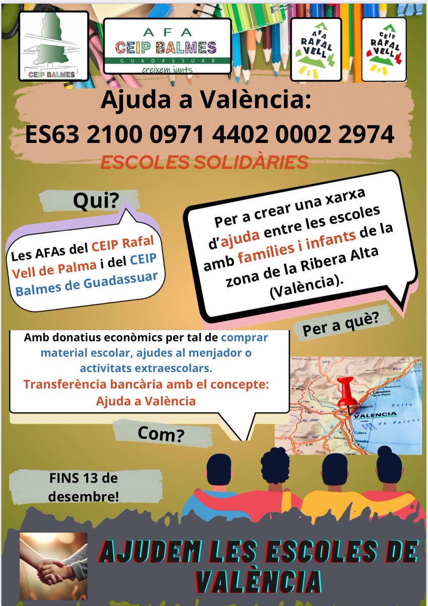 CeipVell's tweet photo. Transferència bancària AFA CEIP Rafal Vell fins al 13 de desembre
Concepte: Ajuda a València
ES63 2100 0971 4402 0002 2974 

https://t.co/9oA01XcKkB https://t.co/yxMaLaEZns