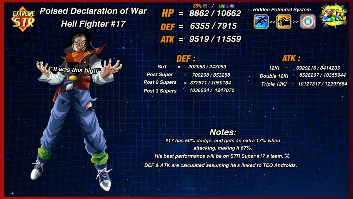 CalcsForDokkan's tweet photo. Stats for UR STR [Poised Declaration of War] Hell Fighter #17

#DokkanBattle #dokkan https://t.co/5suxIRaTvc