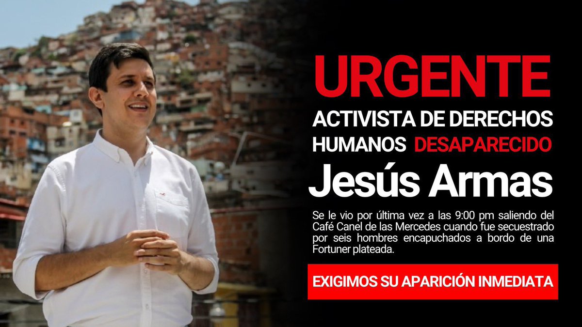 Denunciamos la desaparición forzada de Jesús Armas, profesor de la EEPA, UCV y estudiante de Postgrado de Ciencias Políticas en la USB. La persecución debe detenerse y se debe velar por los derechos de todos aquellos que hoy se encuentran tras las rejas injustamente. 
!Basta ya