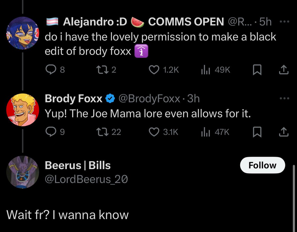 Brody Foxx (@brodyfoxx) on Twitter photo Don’t wanna spoil too much… but here’s some Joe Mama lore. 
Brody is the ‘true form’ of an omniversal being channeled via the blue earrings. However, he’s still split up across the multiverse as various interpretations. 
In a fandom kinda way… he’s made to be everyone’s bro, Don’t wanna spoil too much… but here’s some Joe Mama lore. 
Brody is the ‘true form’ of an omniversal being channeled via the blue earrings. However, he’s still split up across the multiverse as various interpretations. 
In a fandom kinda way… he’s made to be everyone’s bro,