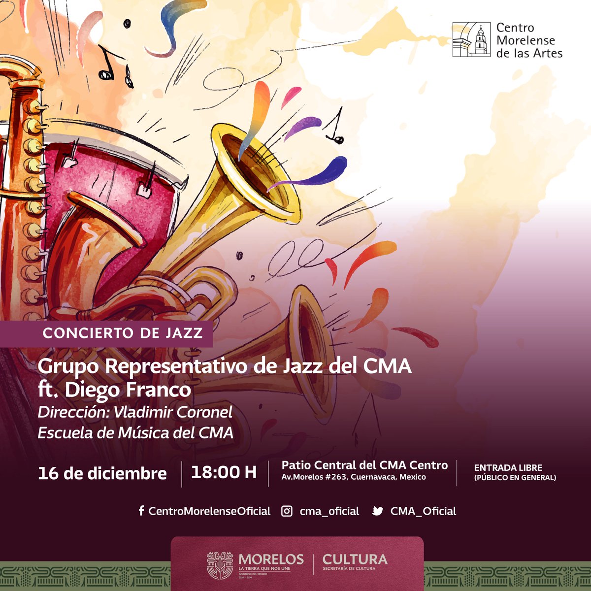 Disfruta de la presentación del Grupo Representativo de Jazz con la participación especial de Diego Franco.
16 de diciembre de 2024 | 18:00 h | Patio del CMA Centro
