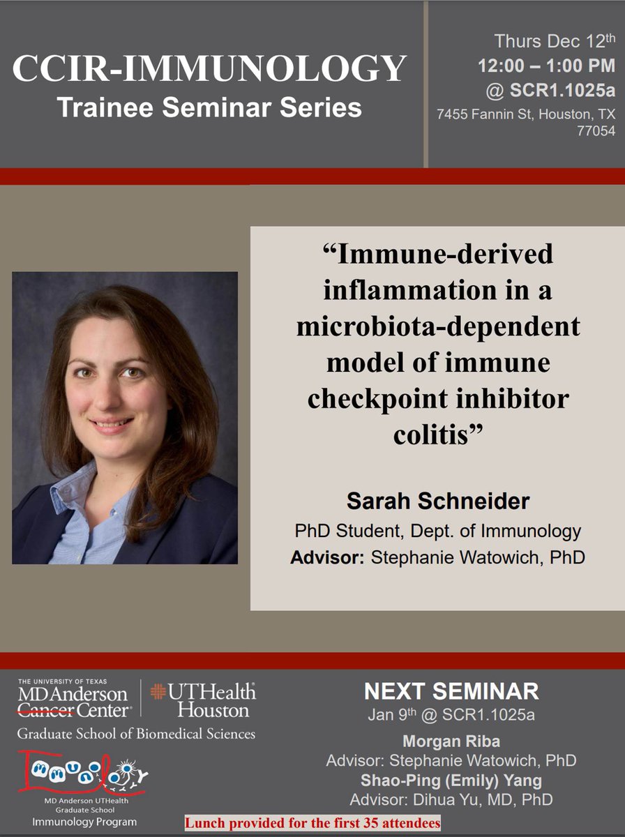 GSBS Immunology Program (@immunologygsbs) on Twitter photo CCIR-Immunology Trainee Seminar Series
TOMORROW, 12/12 at 12 pm!
Imm student,
Sarah Schneider from Dr. Stephanie Watowich’s Lab <a href="/swatowic/">Stephanie Watowich</a>
will be presenting her research!
Lunch will be provided. CCIR-Immunology Trainee Seminar Series
TOMORROW, 12/12 at 12 pm!
Imm student,
Sarah Schneider from Dr. Stephanie Watowich’s Lab <a href="/swatowic/">Stephanie Watowich</a>
will be presenting her research!
Lunch will be provided.