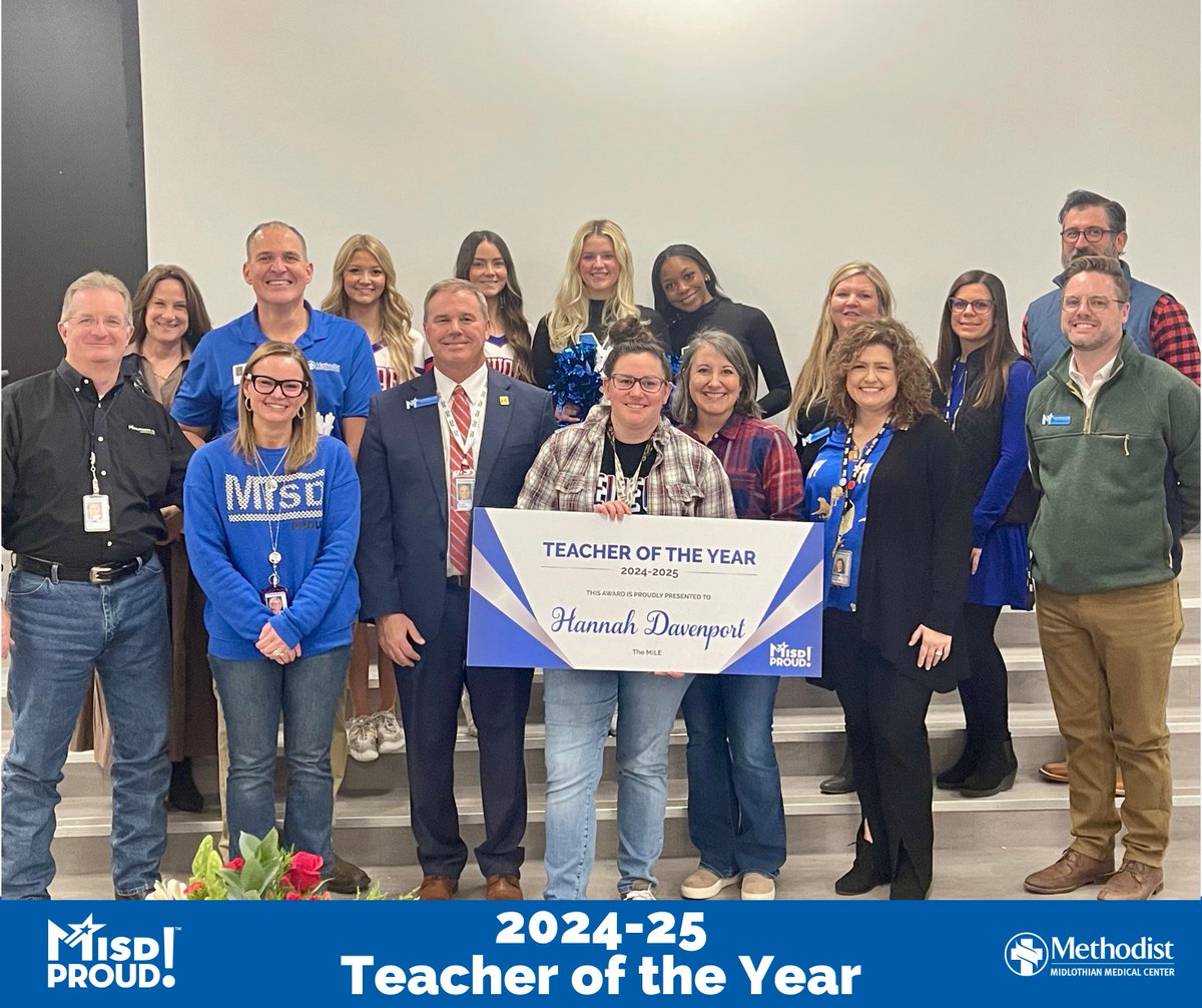 MidlothianISD's tweet photo. 💙❤️ Show some #MISDProud love for Hannah Davenport! She is the 2024-25 Teacher of the Year at The MILE. #InspiringExcellence https://t.co/6dBkRUYzaS