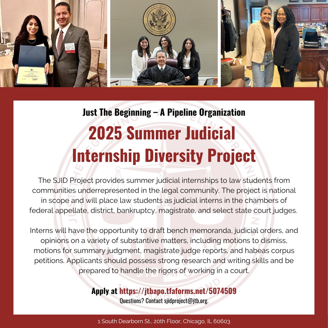 🌟 Applications are still open for the 2025 SJID Project! Gain hands-on legal experience with judges nationwide. Don’t miss this opportunity to enhance your skills and expand your network. Apply by January 10: lnkd.in/e9VduyzK ⚖️✨ #SJID2025 #JTB
