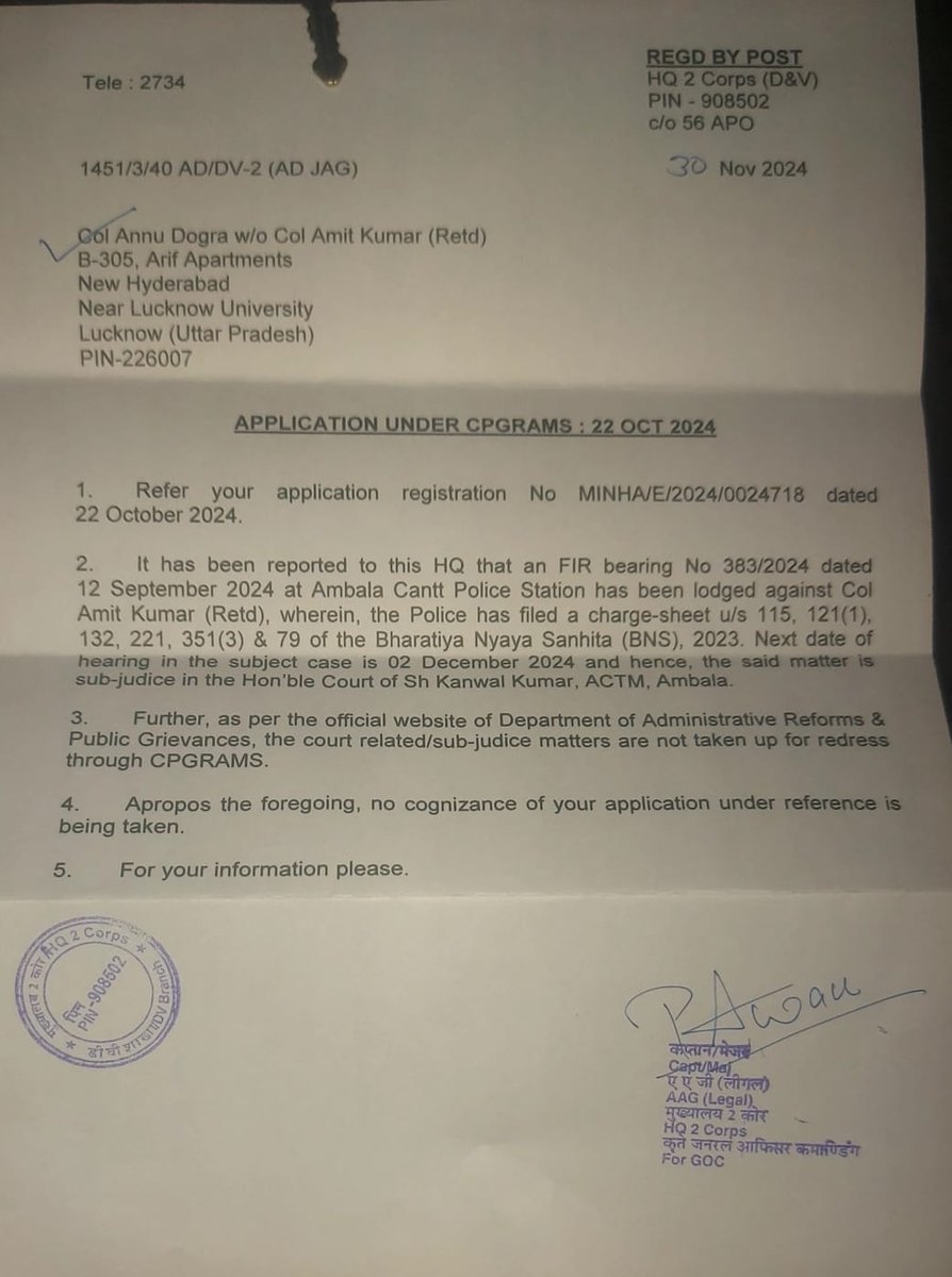 ColAmitkumar's tweet photo. Sad State of affairs @cpgram 
Military police and Officers are having special rights for committing heinous acts and they are above law and can be  allowed to do anything to anyone..message to all by #2Corps #40ArtyDiv @westerncommand_
Complaint is by the victim Officer dated 21 Sep 2024 and after there was no action by this General. Then it was informed on cpgram. Now replying to save and misguide PMO. Why were they waiting so long and sitting on the complaints from the date of acton 12 Sep 2024 till 3 Dec 2024 when it was everywhere in news and when videos to that effect were provided. Shameful acts. There is no law and order. Unfit for rank and appointment. It's an offence committed by the General who is duty-bound to take action. @adgpi #coas @PMOIndia #CJI #nhrc #ncw @rashtrapatibhvn  is this the correct way? Each and every conspirator needs to be thrown out for such an act . And women officer should be protected. Wake up MPs and law enforcement agencies. @YashMor5 @manaman_chhina @IndianExpress