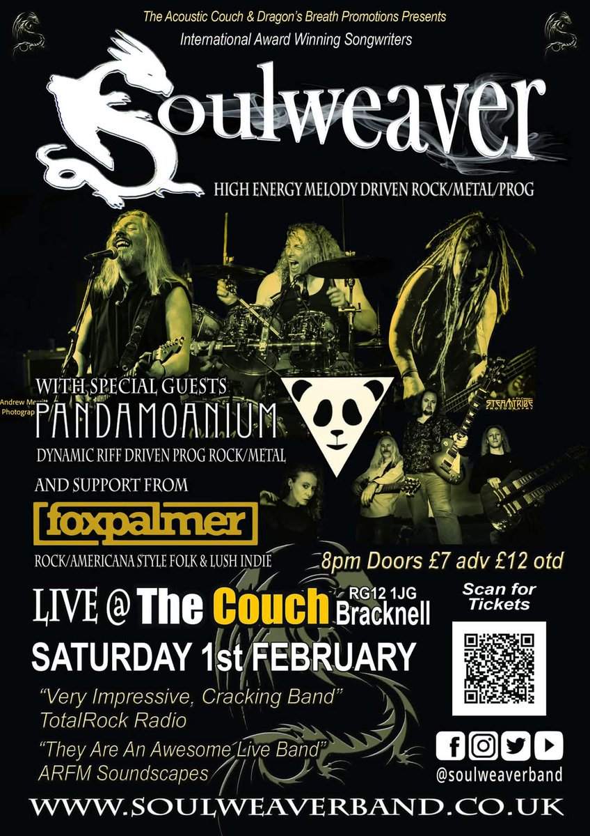 Soulweaverband's tweet image. 🤘SATURDAY 1st FEBRUARY @ The Acoustic Couch Bracknell.
The Ring, Bracknell RG12 1JG.

Soulweaver with special guests Pandamoanium and support from FoxPalmer.

TICKETS: eventbrite.co.uk/e/soulweaver-w…

#londondrumstickcompany #statusgraphite #fendercustomshopstratocaster 
#livemusic