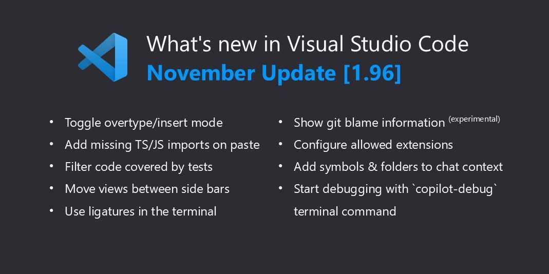 Visual Studio Code (@code) on Twitter photo Version 1.96 of <a href="/code/">Visual Studio Code</a> is out now with overtype mode, terminal ligatures, debugging with Copilot, and more!
Full release notes: code.visualstudio.com/updates/v1_96
Here are some of the highlights… 🧵 Version 1.96 of <a href="/code/">Visual Studio Code</a> is out now with overtype mode, terminal ligatures, debugging with Copilot, and more!
Full release notes: code.visualstudio.com/updates/v1_96
Here are some of the highlights… 🧵