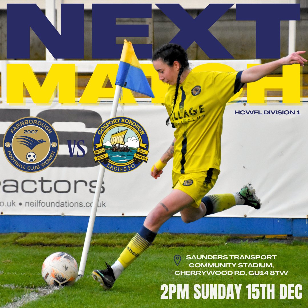 FarnboroughFCW's tweet photo. Please come down to support the first team play against Gosport Borough Ladies at home on Sunday 👏

KO 2pm 
Location: Saunders Transport Community Stadium, Cherrywood Rd, Farnborough, GU14 8TW https://t.co/JqZ8Kkqnr8