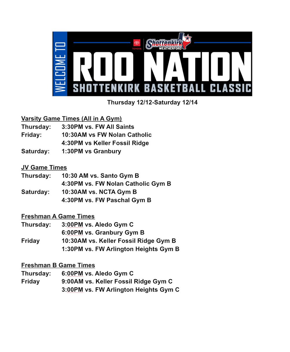 Tomorrow starts the Shottenkirk Basketball Classic

Below are game times for all of the Kangaroo Teams.

Go Roos!