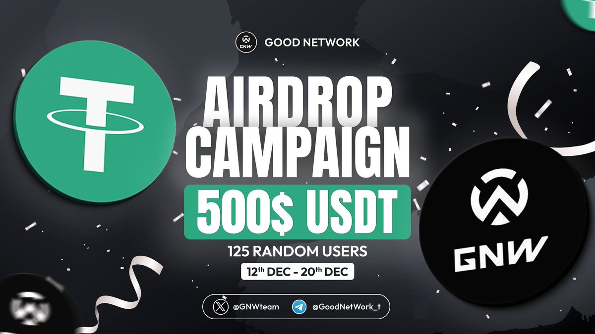 GNWteam's tweet photo. 💵Our Guaranteed USDT Airdrop Is Live!!!!!!

Participate in our #Airdrop and earn $4 in USDT.

Link: https://t.co/a7HUrC3osZ

Airdrop rewards will be distributed to 125 lucky random(total) participants will be rewarded.

#GoodNetwork #GNW #Airdrop https://t.co/rIZfeUd5WN