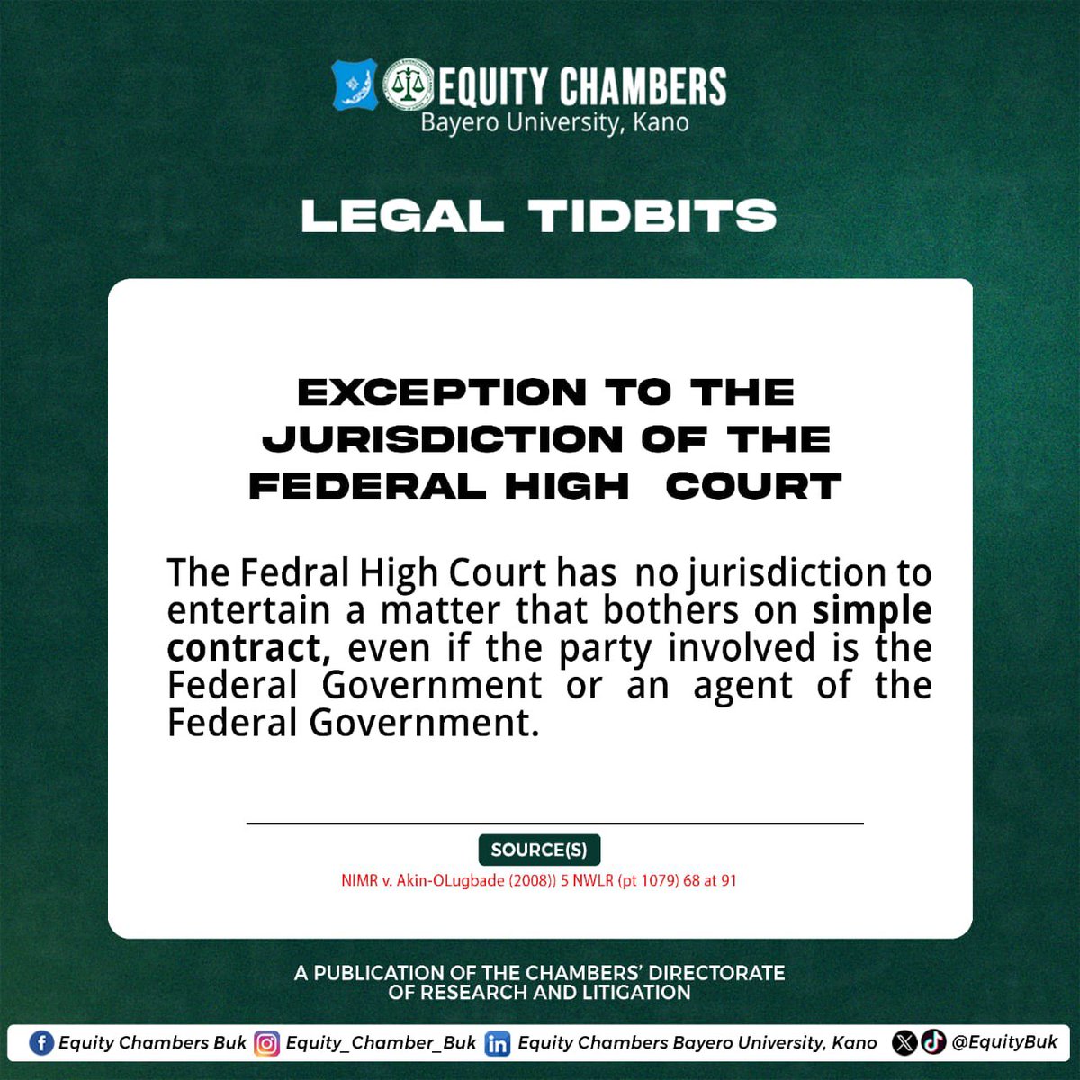 EquityBUK's tweet photo. 🍿 EXCEPTION TO THE JURISDICTION OF THE FEDERAL HIGH COURT🍿
SOURCE:
See: NIMR v. Akin-OLugbade (2008)) 5 NWLR (pt 1079) 68 at 91
Date: December 11, 2024
#law #legalinsights
#jurisdictionofhighcourt
#equitychambers #bayerouniversitykano https://t.co/vCbjcr61EZ