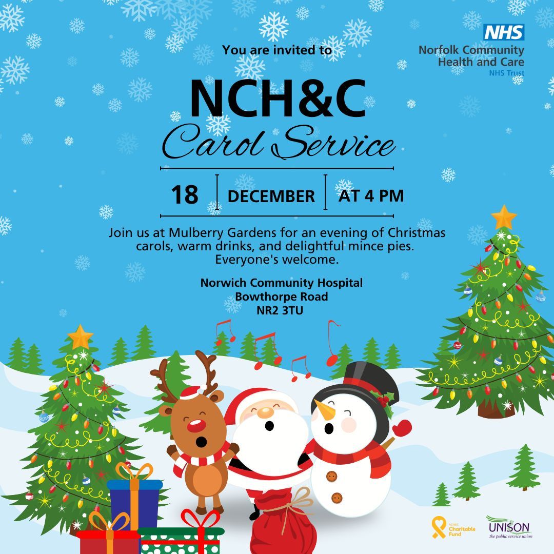 🎄 One week to go! Join us at Norwich Community Hospital for a festive carol service. Enjoy music, mince pies, &amp; warm drinks with patients, families, &amp; colleagues. Let’s share holiday cheer!

📅 Wed 18 Dec | 4 PM
We can’t wait to see you there!