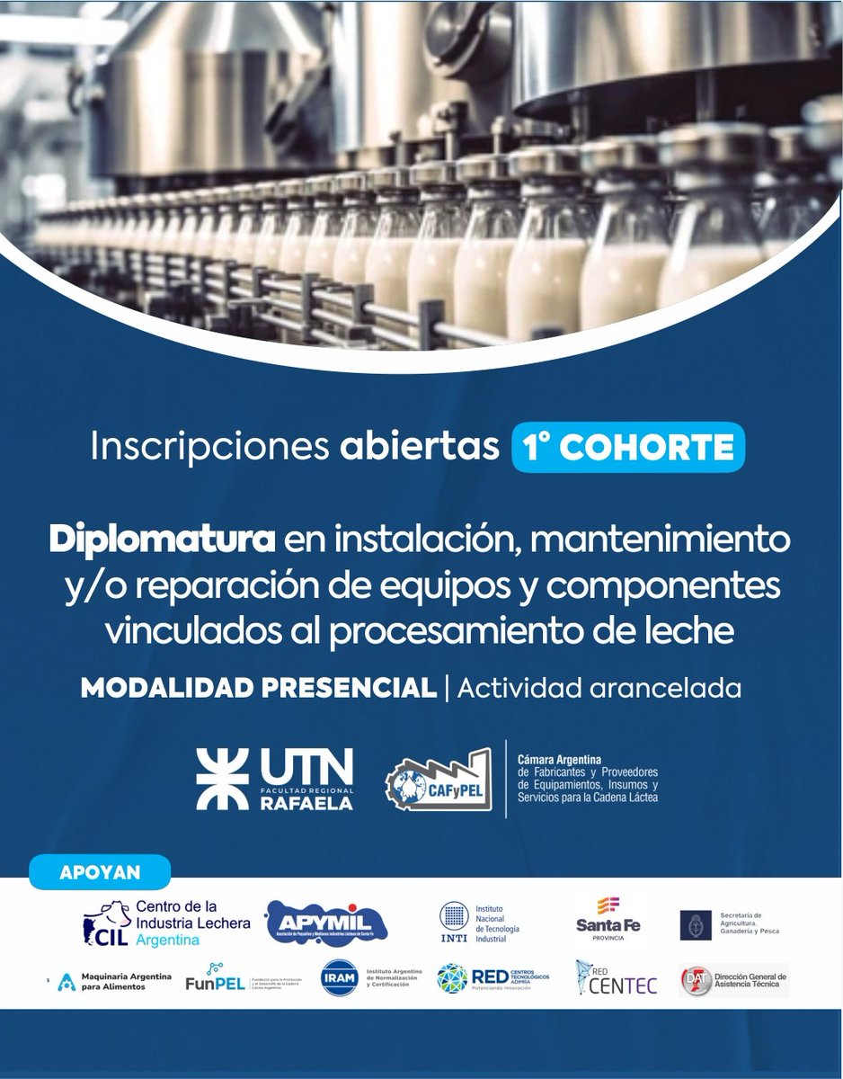 DIPLOMATURA EN INSTALACIÓN, MANTENIMIENTO Y/0 REPARACIÓN DE EQUIPOS Y COMPONENTES VINCULADOS AL PROCESAMIENTO DE LECHE 

📷 Inicia: 28/03/2025
📷 Duración: 9 meses (12 encuentros).
📷 Cursado: viernes de 9:00hs a 18:00hs, cada 21 días.