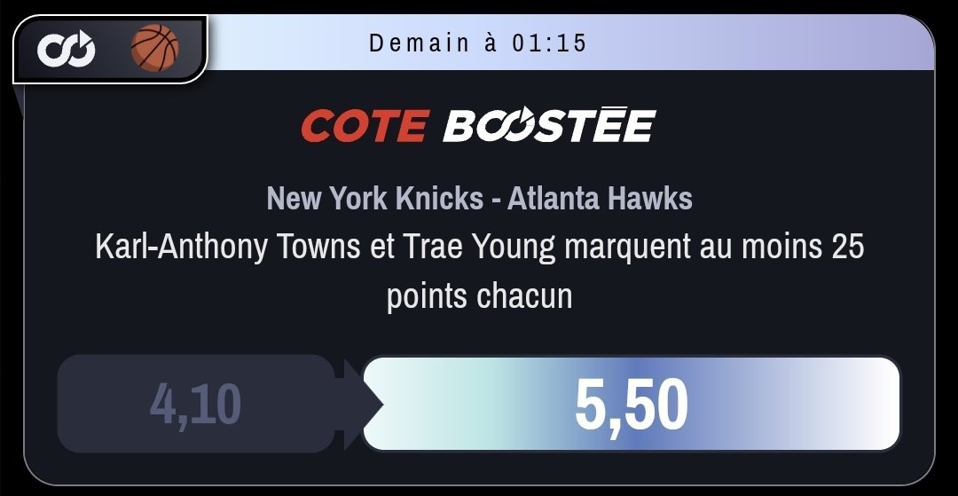 JDEMPIREOFF's tweet photo. #ROADTOXMAS
1⃣2⃣
🏀 K.A Towns & T.Young marque chacun 25 points (5,50)
On pose nos couilles sur cette énorme cote boostée, j'espère un Trae Young plus en réussite que ces derniers jours pour aller chercher une qualification 😁!!
RT & 💙 pour envoyer de la force! #TeamParieur https://t.co/0l1tYdTkCj
