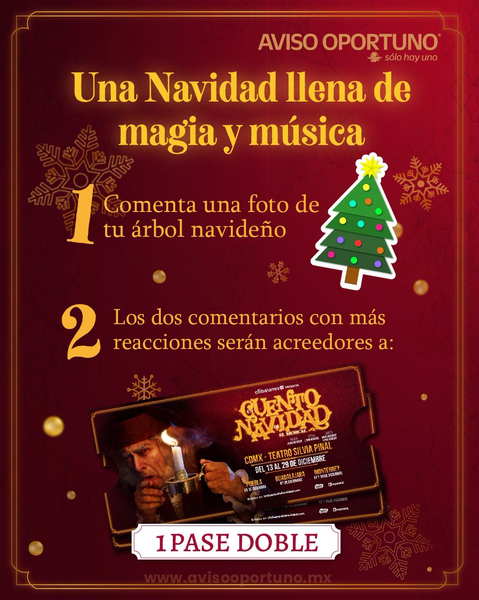 🚨¡Se parte de nuestra dinámica y participa por un pase doble para disfrutar de esta mágica presentación de Navidad! 🤩🎄
😎 Él o la seguidora acreedora de estas cortesías será anunciadx el viernes 13 de mayo. ¡SUERTE! 🥳