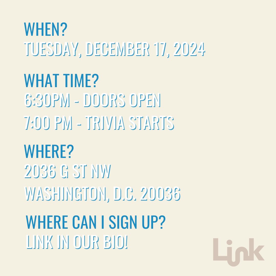 link_washington's tweet photo. Here’s a taste of what you’ll get (other than the FREE FOOD AND DRINKS) at LINK’s trivia event next week! OH, and did we mention prizes? 👀 https://t.co/swMcKNOjWG