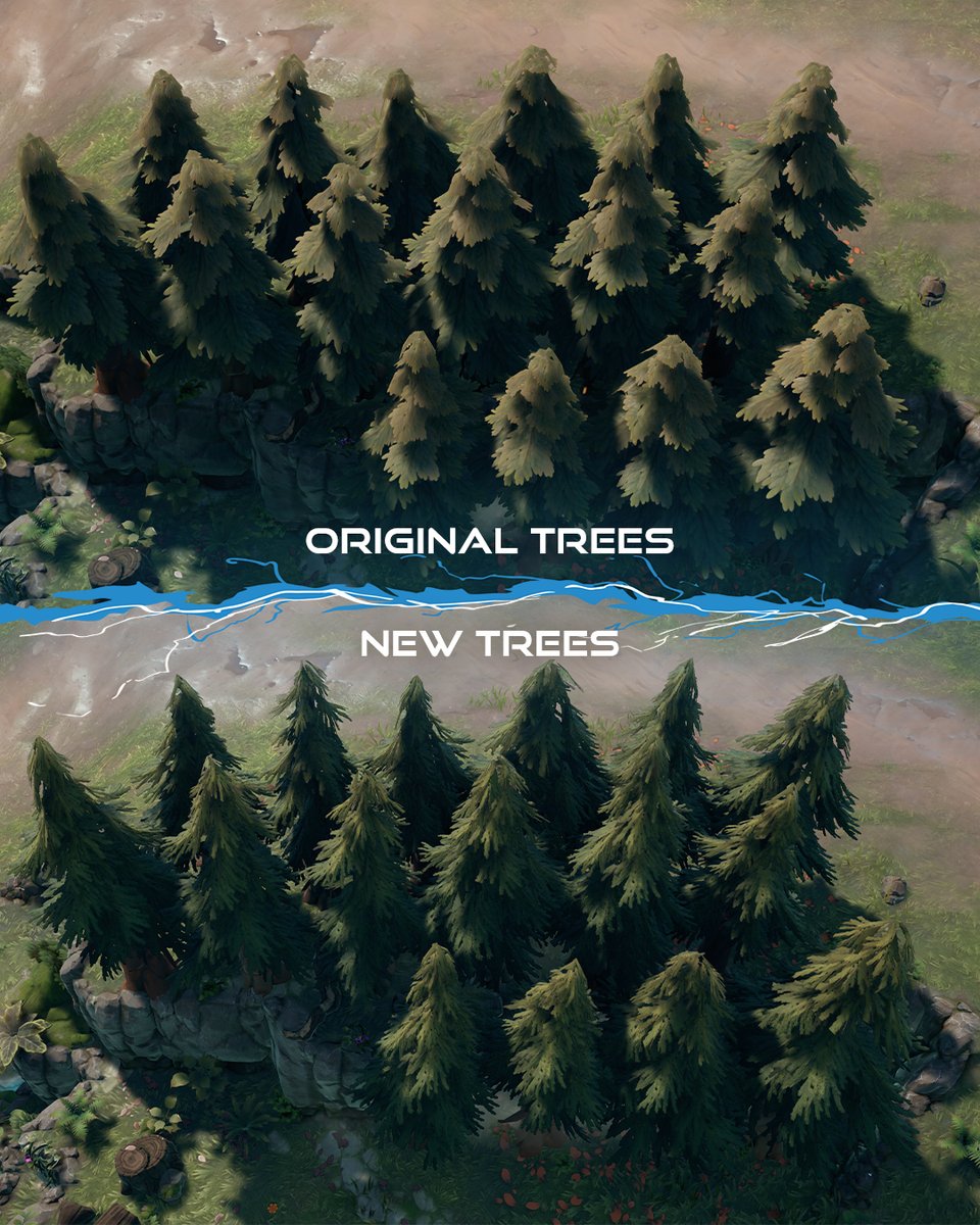 PlayStormgate's tweet photo. The trees on our maps were feeling a little lonely after the grass got a glow-up, but now it's their turn! Take a look at their beauty coming to you live in update 0.2.0! https://t.co/HPOixWXqb8