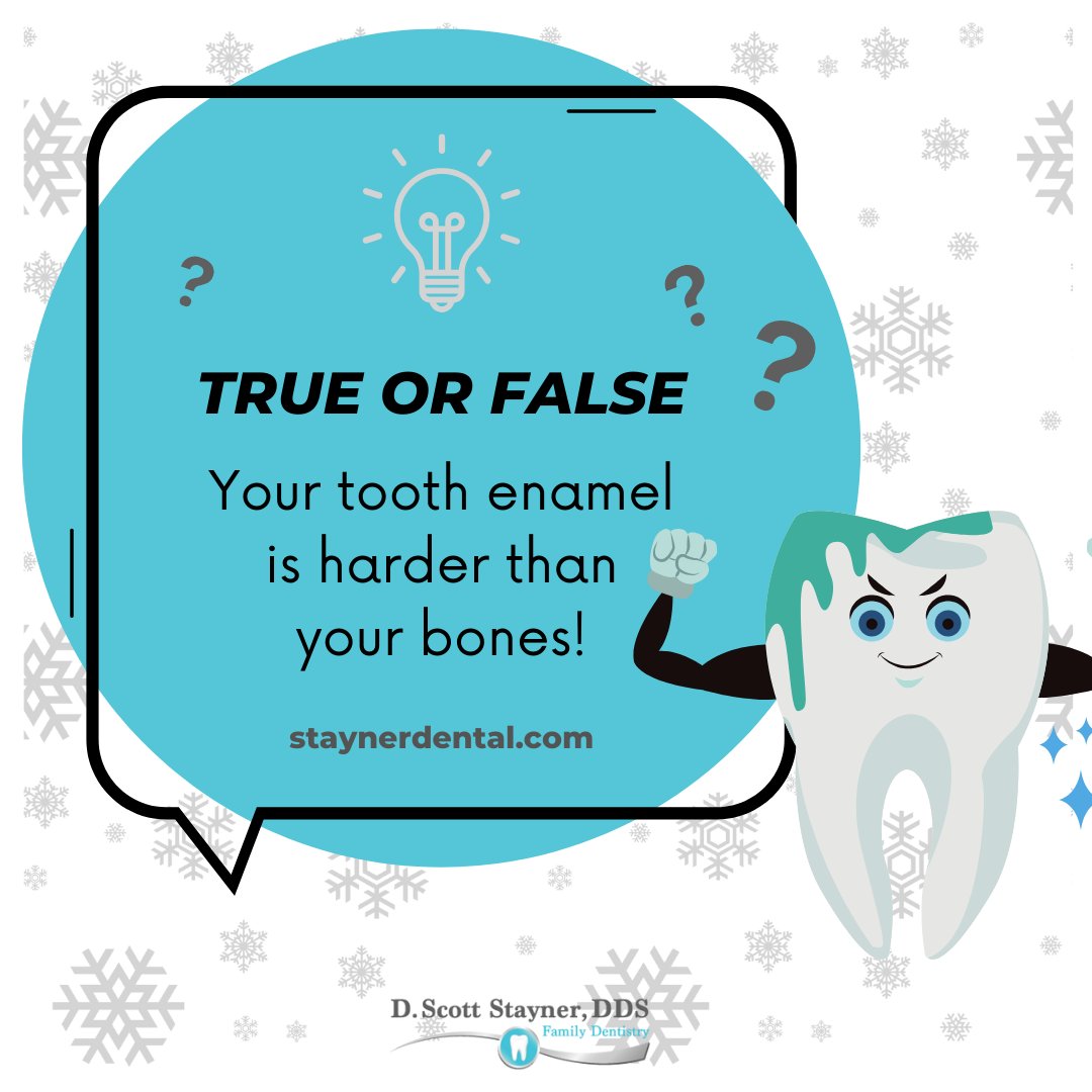 staynerdental's tweet image. 🦷 December #ToothTrivia with Stayner Dental! ❄️

Here’s a frosty fact to test your dental knowledge:
True or False: Your tooth enamel is harder than your bones! 🤔

Here’s a hint: It’s why protecting your enamel is so important.🎄✨

#HealthySmiles #DentalCare #marysvilledentist