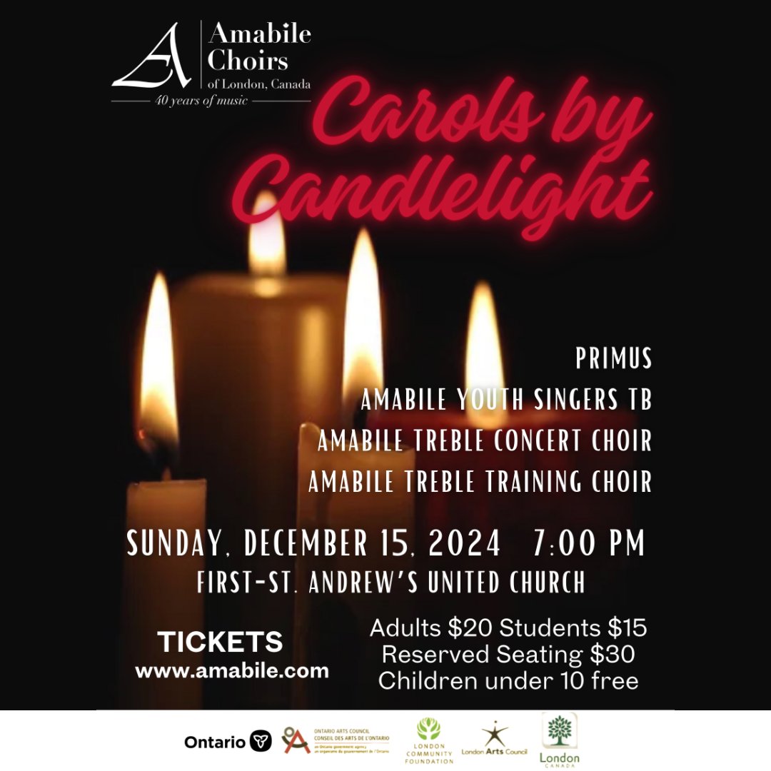 Enjoy holiday classics alongside the new when the Amabile Youth Singers TB, Primus, the Amabile Treble Concert Choir and Treble Training Choir perform "Carols by Candlelight" on Sunday, December 15!

Tickets are available now at Amabile.ca/tickets.