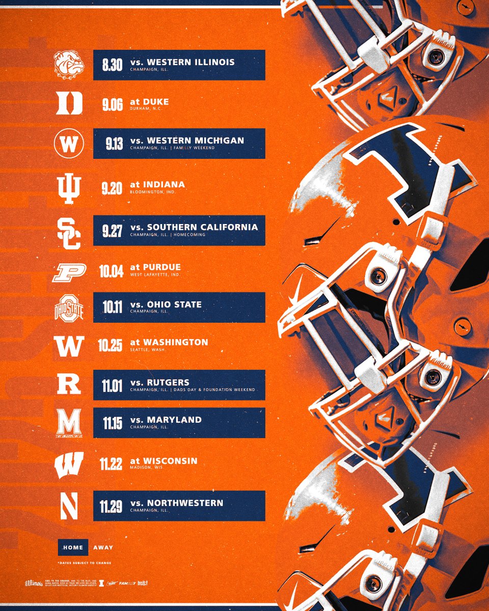 Mark it, schedule it, book it. 

The 2025 Illini Football schedule is here. 

#Illini // #HTTO // #famILLy