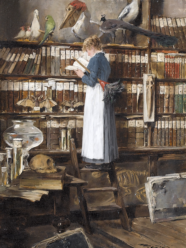 Maid Reading in a Library, by Swiss painter Edouard John Mentha (1915). In private collection.