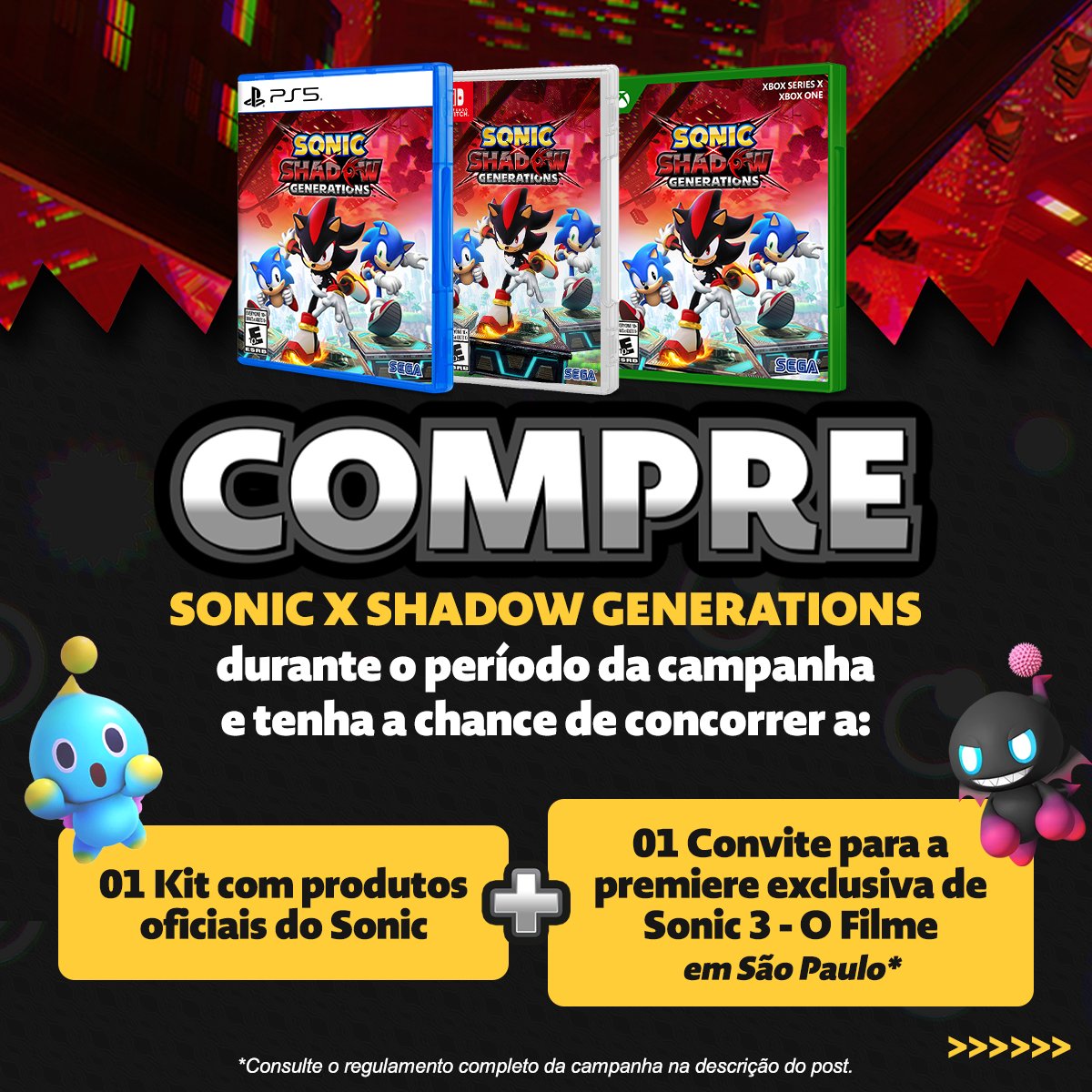 _sonic_brasil's tweet photo. 🚨 Prepare-se para a batalha épica! 🚨

Amanhã começa a competição entre o #TimeSonic e o #TimeShadow, cada um representado por 2 streamers incríveis! 🎮🔥

A dupla que acumular as melhores pontuações no desafio será a grande campeã, mas você também pode entrar na disputa e ganhar prêmios!

Como participar:
1️⃣ Adquira o jogo Sonic X Shadow Generations (se ainda não tem, corre!).
2️⃣ Poste nas suas redes sociais (Instagram - post e perfil aberto, TikTok ou Twitter/X) um momento especial do jogo: pode ser seu melhor tempo ⏱️, uma cena épica 🎥 ou o que mais gostou.
3️⃣ Use a hashtag do seu time favorito: #TimeSonic ou #TimeShadow.

*Valem participações até sexta-feira (20/12) às 08h da manhã (horário de Brasília).
📢 O resultado será divulgado na sexta à noite no nosso Instagram oficial.

Prontos para mostrar de que lado estão? 💙🖤 Vamos nessa!