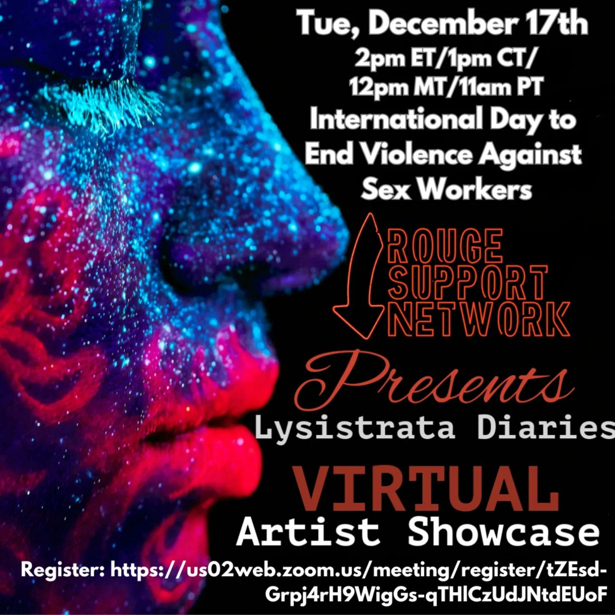 -Tuesday, December 17th we host an online virtual showcase with <a href="/LysistrataMCCF/">Lysistrata Co-op</a> starting at 2pm ET/1pm CT/12pm MT/11am PT, shoot us an email if you're a SW who has questions about sharing your art ✒️ RSVP: us02web.zoom.us/meeting/regist…