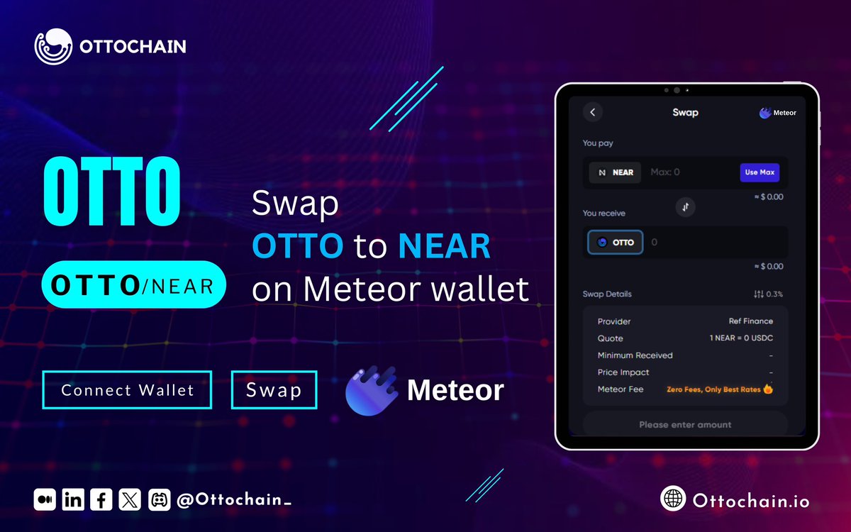 OTTOCHAIN||MAINNET LIVE (@ottochain_) on Twitter photo 🤩Do you know you can Swap $OTTO directly from your <a href="/MeteorWallet/">Meteor Wallet</a> without logging into any #Dex on <a href="/NEARProtocol/">NEAR Protocol</a>?
MeteorWallet provides an easy way to create accounts and swap $OTTO with other crypto tokens directly via the Swap page📃
#OTTO #Meteor #NEAR #Omnity #Web3 🤩Do you know you can Swap $OTTO directly from your <a href="/MeteorWallet/">Meteor Wallet</a> without logging into any #Dex on <a href="/NEARProtocol/">NEAR Protocol</a>?
MeteorWallet provides an easy way to create accounts and swap $OTTO with other crypto tokens directly via the Swap page📃
#OTTO #Meteor #NEAR #Omnity #Web3