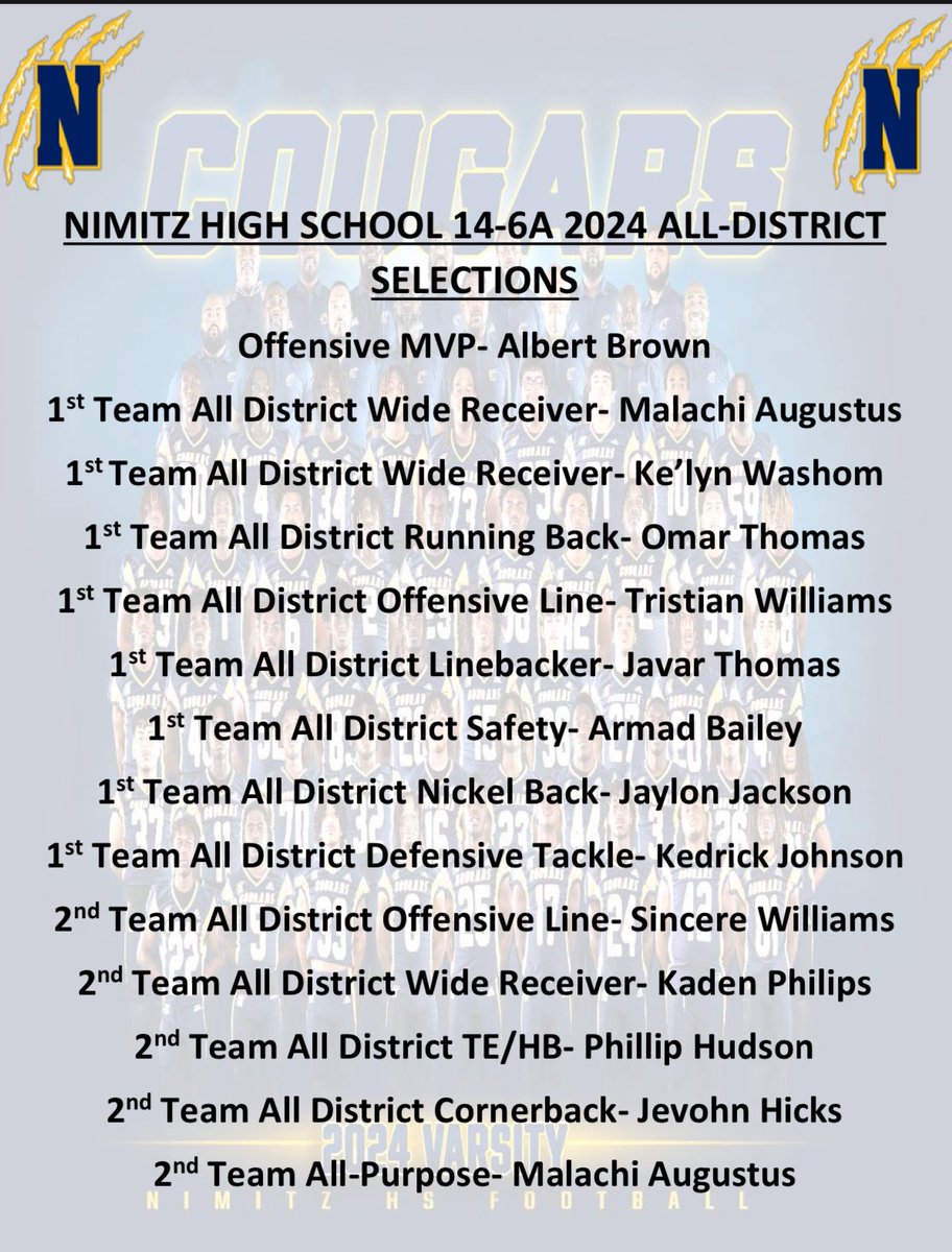 We would like to take the time out to highlight our 2024 14-6A All District selections. 💙💛 #BigCoogs #AldineImpact <a href="/Coach_Harmon/">Cornelius Harmon, M.Ed</a> <a href="/CoachColquitt/">Rashard Colquitt</a> <a href="/RealCoachBuc/">Eric Buchanan</a>