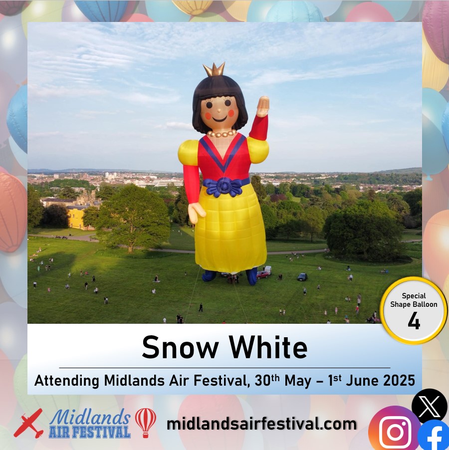 Returning to the Midlands Air Festival after 5 years is Snow White!  Standing at over 150ft tall, you can't miss her! Owned and operated by MJ Ballooning of Bristol, you can spot Snow White in our Cameron Arena during our tether sessions.  midlandsairfestival.com/tickets