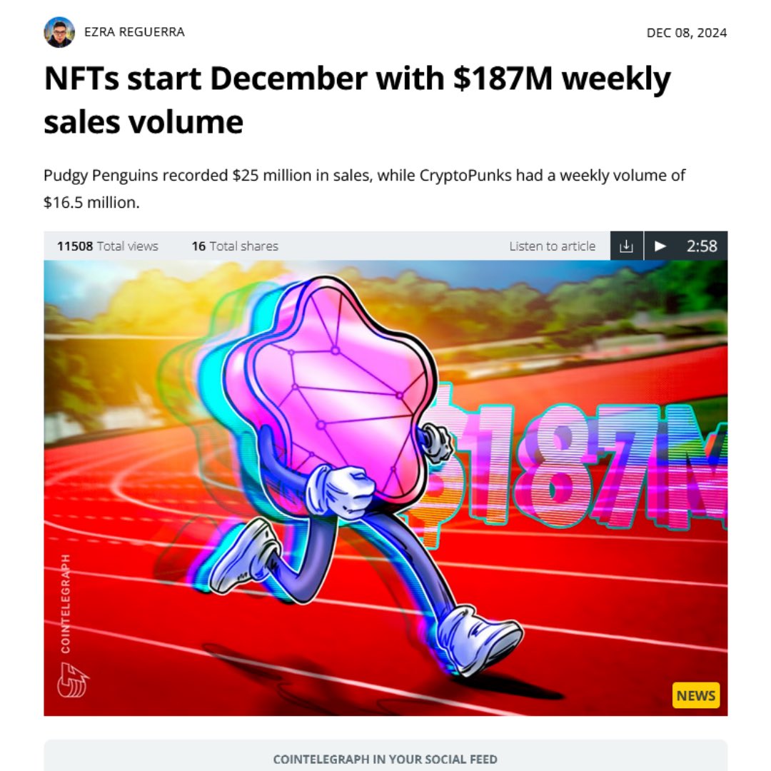 December has already shown strong sales for #NFTs. Ethereum recorded $92m in NFT sales just last week – sales have been buoyed by the new releases of #PudgyPenguins and #CryptoPunks, demonstrating huge enthusiasm for digital assets. Where next?
bit.ly/4iz3s1g