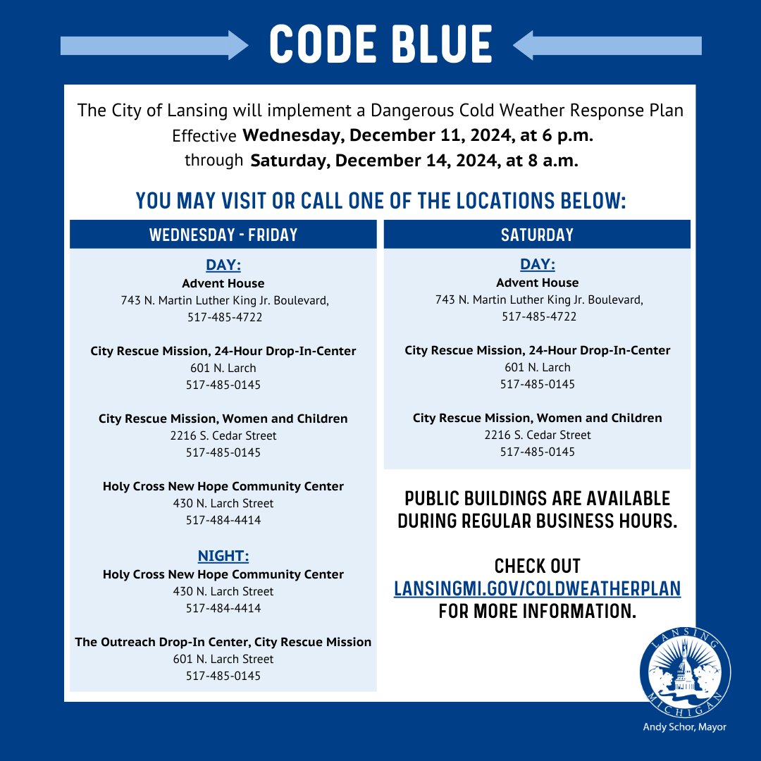 "Code Blue" emergency cold weather plans will be active from Wednesday, Dec. 11 at 6 p.m. until Saturday, Dec. 14 at 8 a.m.

If you need shelter, call 2-1-1 or check our list of warming centers at bit.ly/3D94EYO. <a href="/RideCATA/">CATA</a> will provide free rides to warming centers.