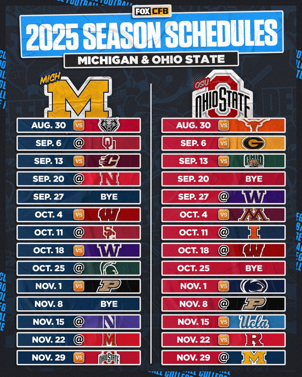 CFBONFOX's tweet photo. Take a look at the 2025 season schedules for @UMichFootball and @OhioStateFB 👀🗓️

How many wins will these teams get next season? 🔮〽️🌰 https://t.co/L1By1yYdvD