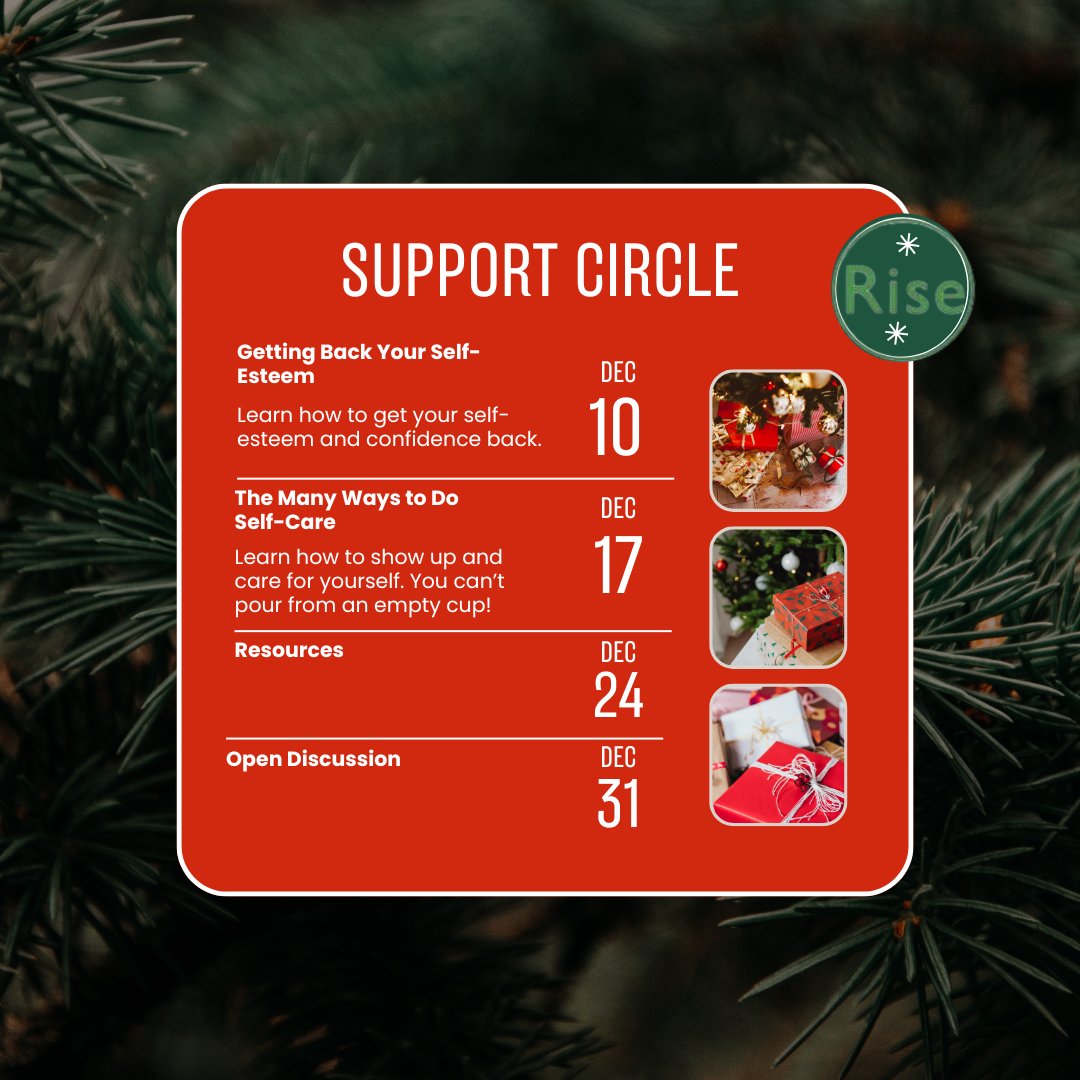 ReadRiseMag's tweet photo. Need support during this holiday season? Seasonal blues got you down? Want to relax &amp; unwind before you visit the in-laws? Join the peer team for a support circle from 6-7pm EST. We hope to see you there! #peersupport #supportcircle #youcanleanonrise https://t.co/O295Aflhy0