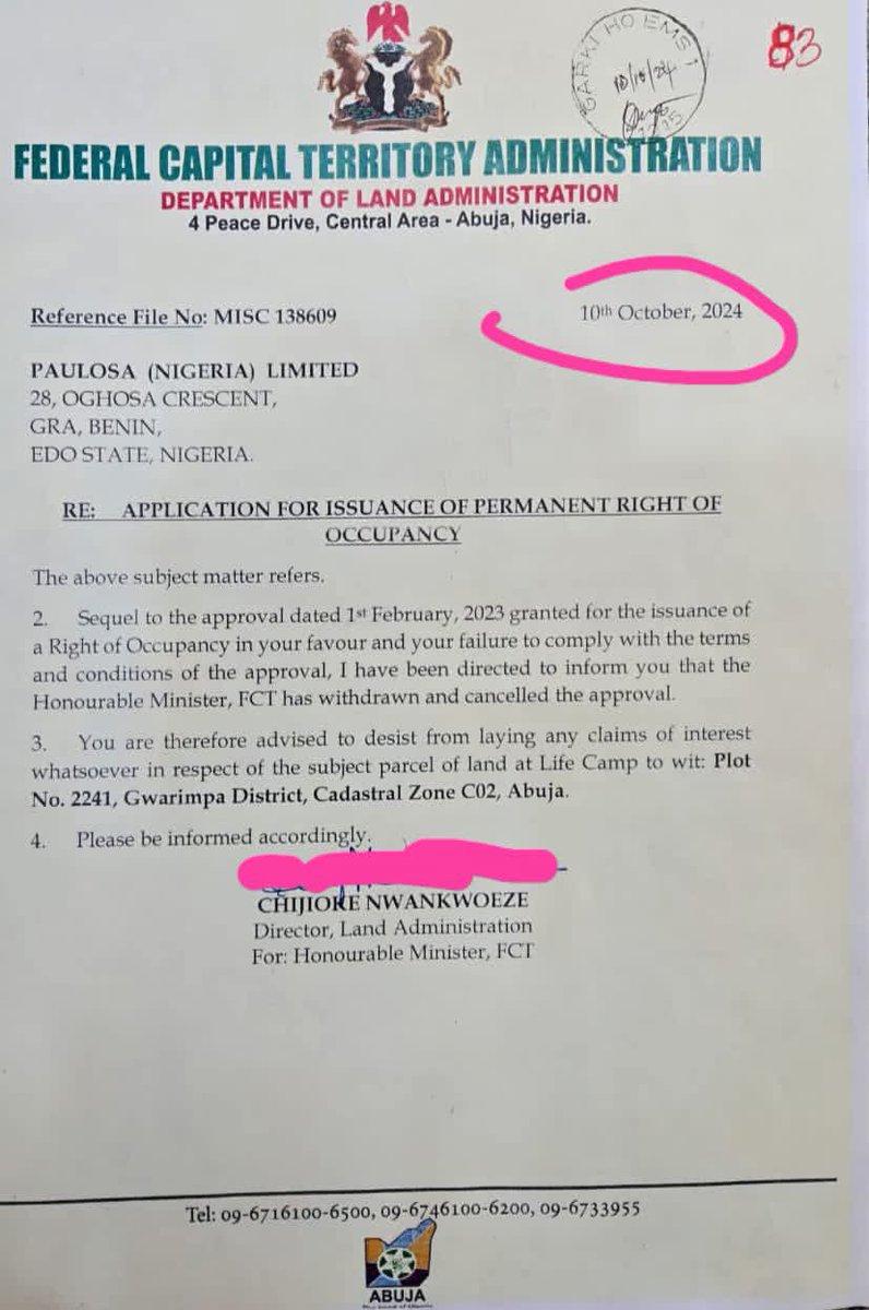 donpeaceful's tweet photo. the approval was revoked on October 10, 2024, more than 20 months after it was given.

"From the above, it should be clear that Paulosa Nigeria Limited never at any time, owned the land https://t.co/8m3fOW5Xu8