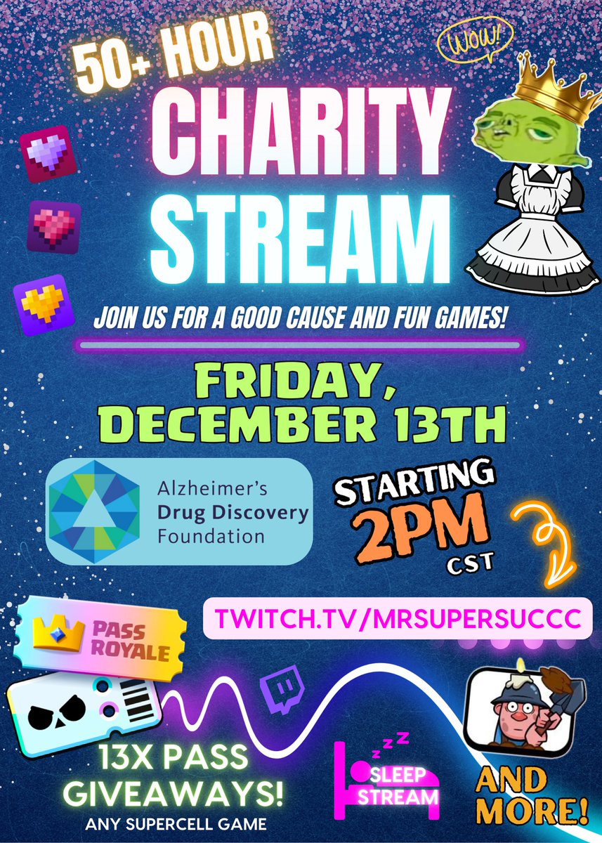 I am having a 50+ hour charity stream starting Friday @ 2PM CST with 13x pass giveaways for any supercell game, lots of fun activities + potentially wearing a maid dress?  For full details join my discord server! (In comments) Will giveaway pass to someone who likes and reposts!