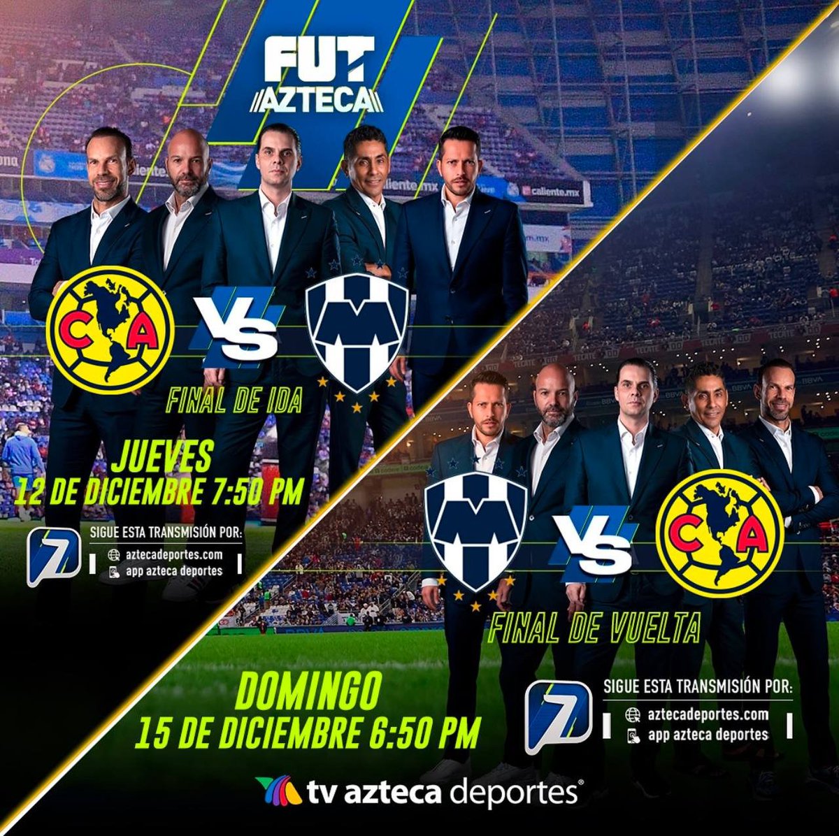 adnnoticiasmx's tweet photo. ¡Siente la adrenalina con nosotros! 💪⚡⚽ Rayados (@Rayados) y Águilas (@ClubAmerica) prometen un duelo épico que no te puedes perder por @AztecaDeportes 🦅⚽🆚⚪🔵
📆: Jueves 12 y domingo 15 de diciembre
⏰: 7:50 pm y 6:50 pm
📺: @AztecaSiete
#FinalDeIda #FinalDeVuelta #RayadosVsAmérica