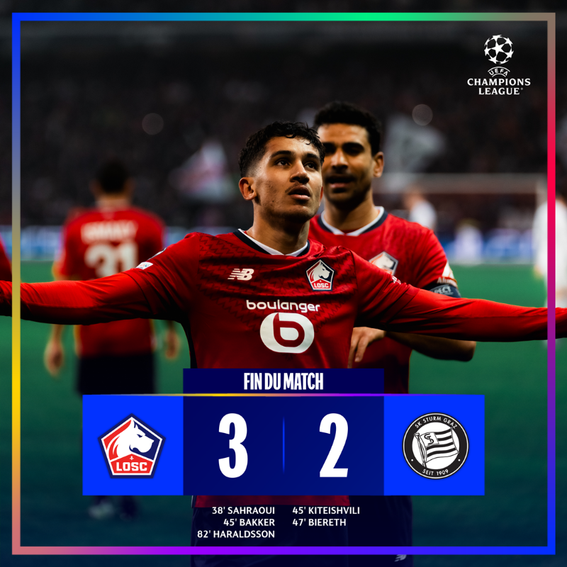 losclive's tweet photo. 𝑪'𝑬𝑺𝑻 𝑻𝑬𝑹-𝑴𝑰-𝑵𝑬́ 😤 

Le LOSC s'impose et compte désormais 13 points en Champions League 🔥

C'était dur pour des Dogues qui se sont fait peur, mais ils s'assurent, à minima, une place dans le TOP 24 🌟

#LOSCSTU 3-2 I 90'