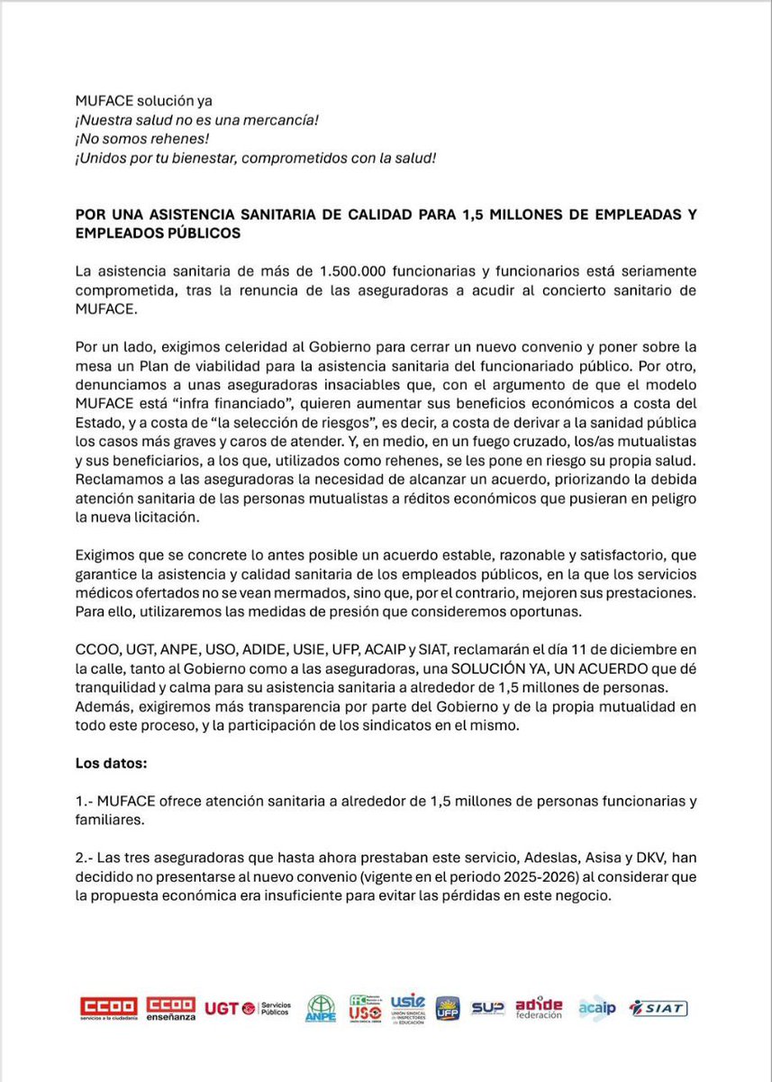 AdideFederacion's tweet photo. Adide Federación apoya el mafiesto firmado para una asistencia sanitaria de calidad para las empleadas y empleados públicos.

¡MUFACE solución ya! https://t.co/990IKRuLvF