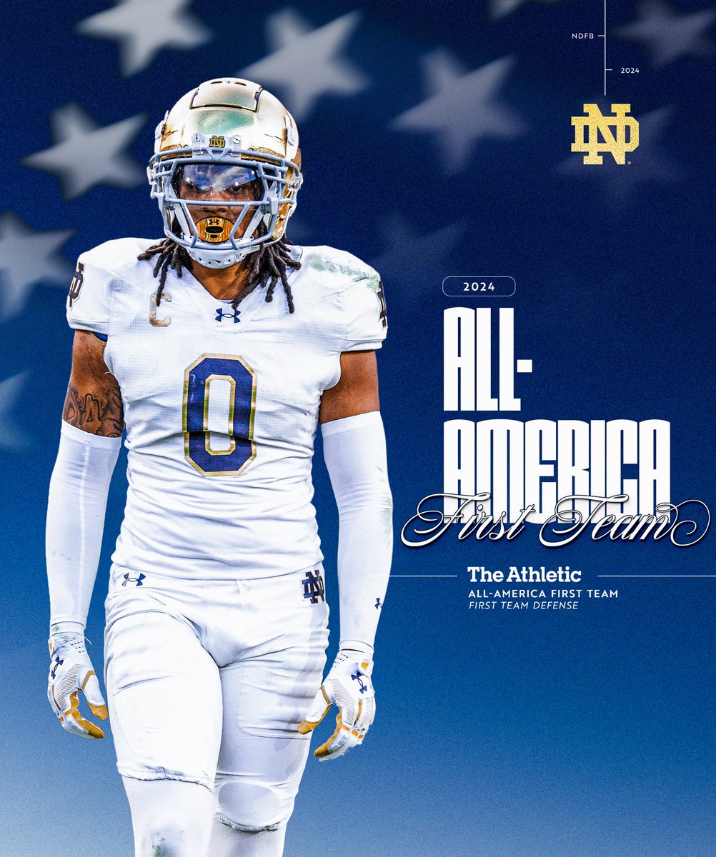 NDFootball's tweet photo. 🇺🇸0️⃣

Xavier Watts has been named a First Team All-American by The Athletic 

#GoIrish https://t.co/Ol7cFKDhKE
