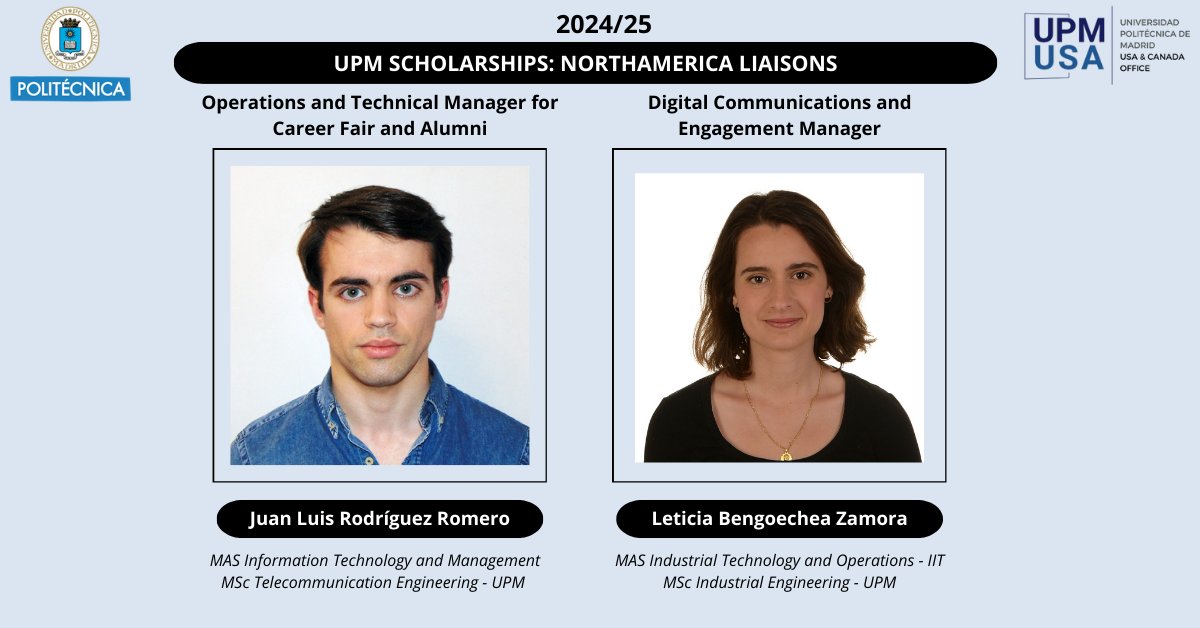 Excited to introduce our new UPM North America liaisons: Leticia Bengoechea Zamora and Juan Luis Rodríguez!

They’re here to build connections, promote UPM values, and showcase the excellence of Universidad Politécnica de Madrid across North America. Let’s go! #SomosUPM