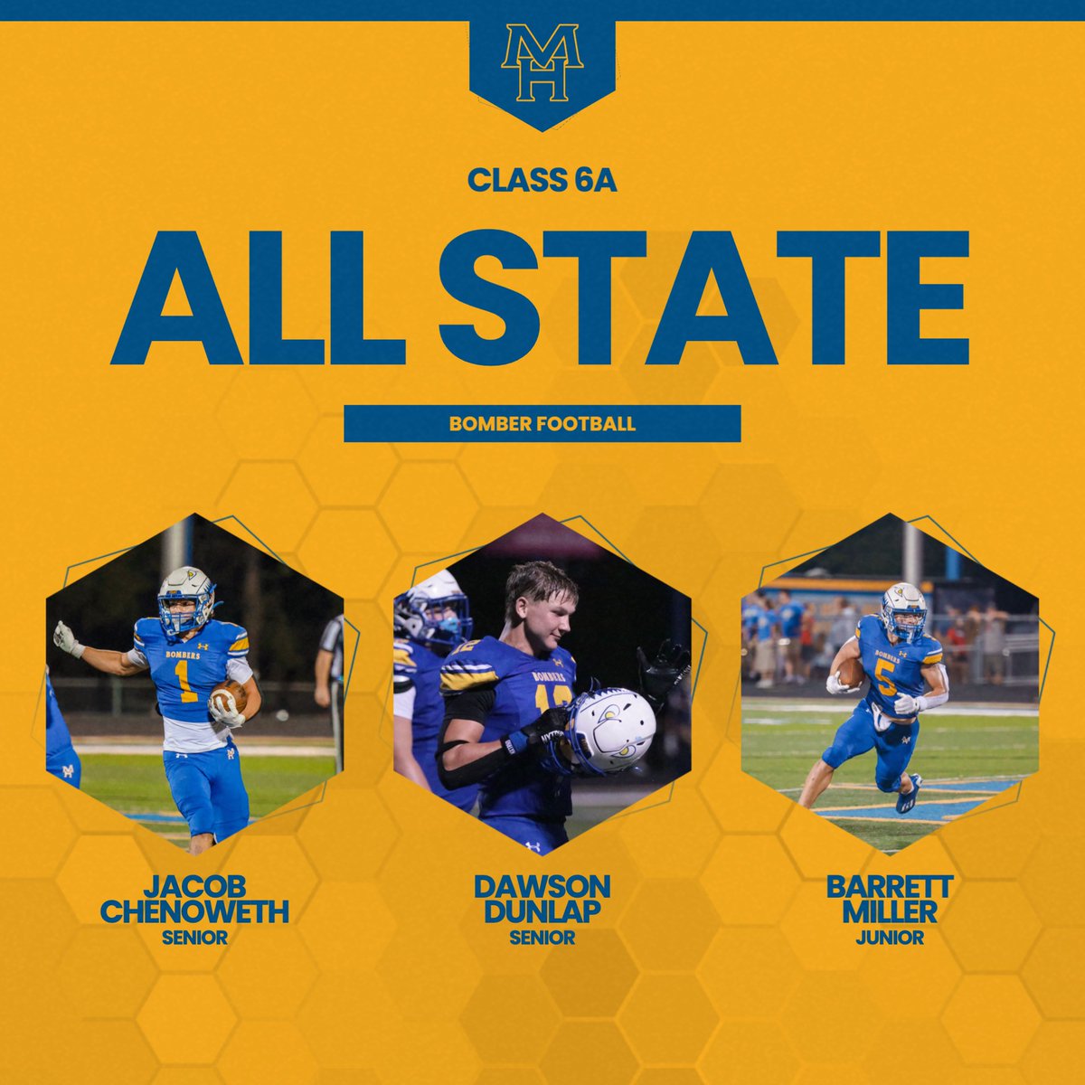 Congratulations to our Class 6A All-State recipients: Jacob Chenoweth, Dawson Dunlap and Barrett Miller!

#OneBomber