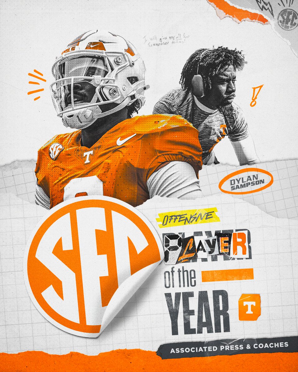 Tennessee Football (@vol_football) on Twitter photo The best offensive player in the <a href="/SEC/">Southeastern Conference</a>.
End of discussion.
Congrats <a href="/dylans21527/">Dylan Sampson ♜ 🥀🖤</a> on being named the <a href="/SEC/">Southeastern Conference</a> Offensive Player of the Year by both the AP and the coaches!
📰 » 1tn.co/4ixHo6X
#GBO The best offensive player in the <a href="/SEC/">Southeastern Conference</a>.
End of discussion.
Congrats <a href="/dylans21527/">Dylan Sampson ♜ 🥀🖤</a> on being named the <a href="/SEC/">Southeastern Conference</a> Offensive Player of the Year by both the AP and the coaches!
📰 » 1tn.co/4ixHo6X
#GBO